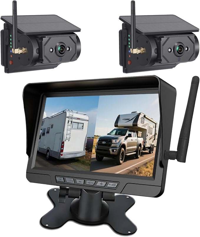 Magnetic Solar Wireless Backup Camera 7 inch Monitor DVR Looping HD 1080P 9600Amh Rechargeable Suitable for Truck Trailer Semi RV Camper Rear View Camera 1 Min Easy Install Scratch-Proof (2 Camera)