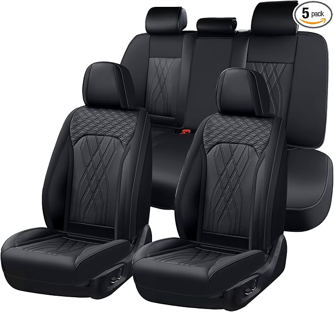 FLORICH Leather Cars Seat Covers Full Set, Waterproof Automotive Seat Covers Seats Full Wrapping Edge Seat Cushion Non-Slip Breathable Universal Fit for Most Car Truck SUV Seat Protection, Black