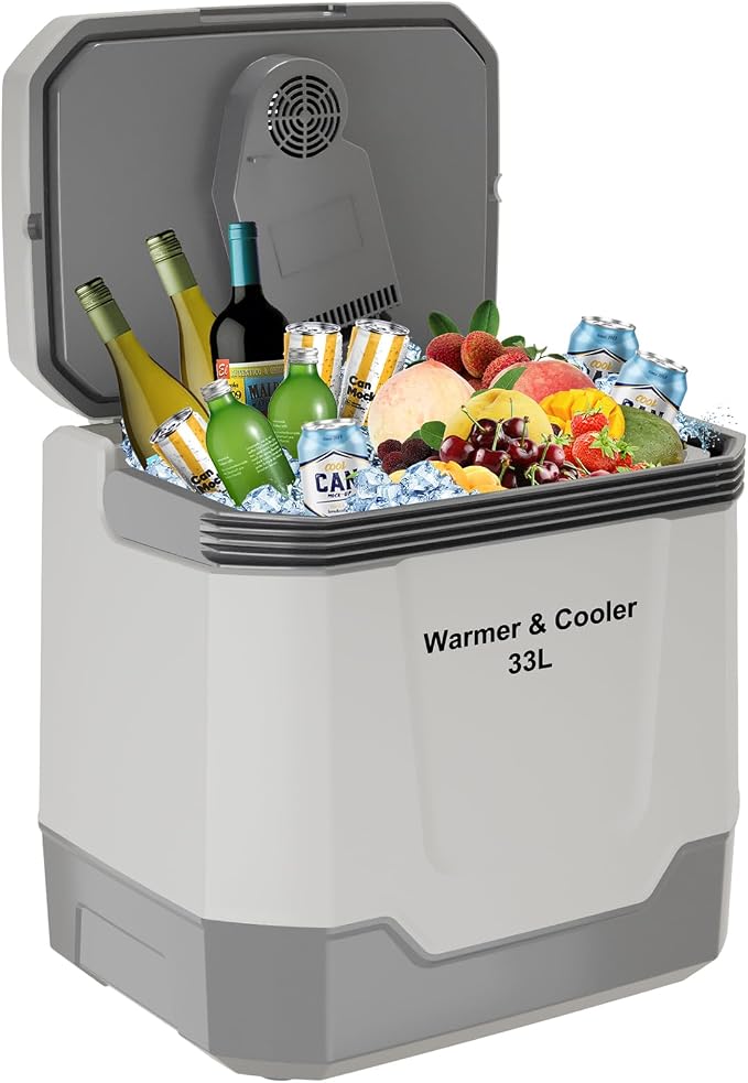Garvee 35 Quart (33 l) Electric Cooler & Warmer, Portable Car Refrigerator with Automatic Locking Handle, 12V Car Cooler for Vehicle & Trucks, 110V AC Home Power Cord, Plug in Coolers, Grey