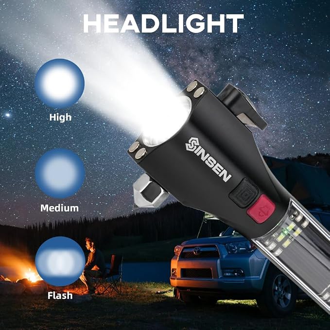 SINSEN Car Safety Hammer Flashlight, Tactical Emergency Rescue Tool and Portable Car Trash Can