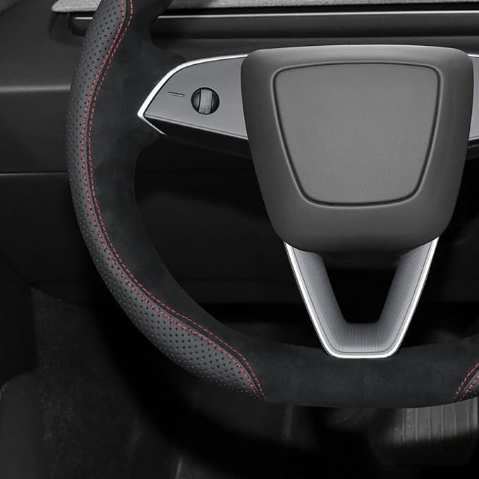 MEWANT Hand Stitch Black Athsuede Faux Leather Steering Wheel Cover for Tesla Model 3 Highland 2024 Model Juniper 2024