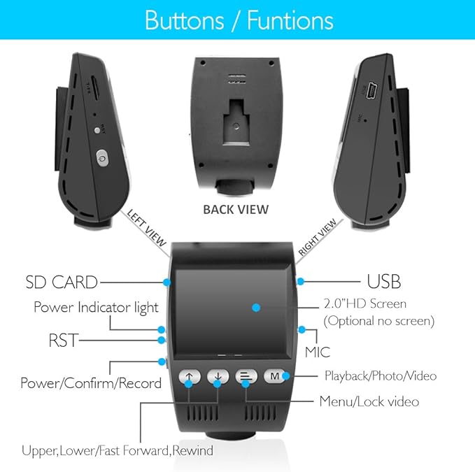 Pyle Dash Cam Car Recorder DVR - 2 Inch Monitor Blackbox Rear Camera View Full Color HD 1080p Video Security Loop Camcorder - PiP Night Vision Audio Record Micro SD & Built-in Microphone (PLDVRCAM48)