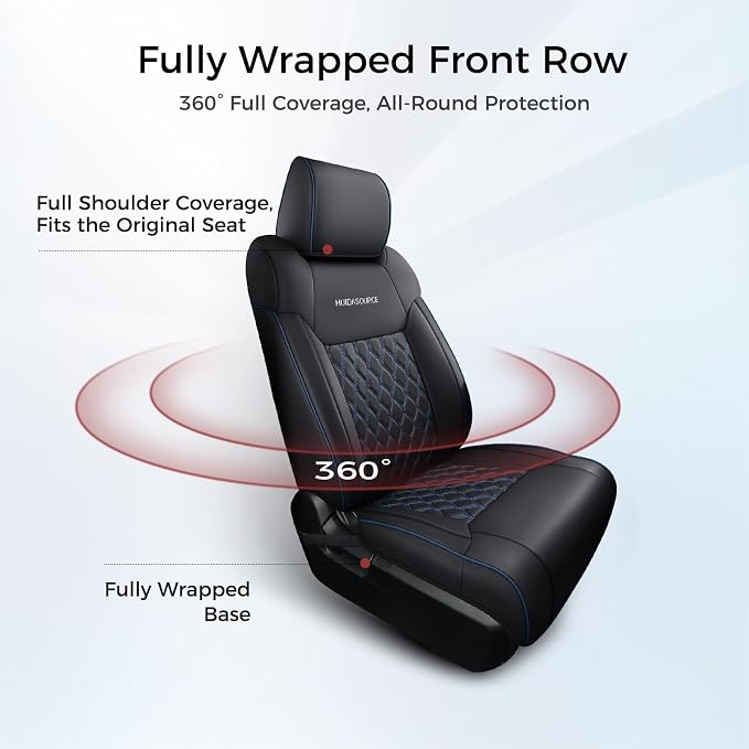 Huidasource Seat Covers for Dodge Ram 2019-2025 RAM 1500 2500 3500 Crew/Mega Cab, Waterproof Ram Leather Seat Covers Full Set, Front & Rear Ram Truck Seat Cushion Covers (Full Set/Black&Blue)