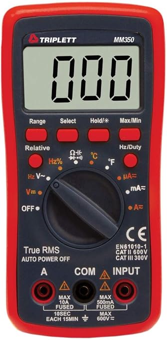 Triplett MM350 True RMS 4000 Count Manual Ranging Digital Multimeter - AC/DC Voltage, AC/DC Current, Resistance, Temperature, Diode, Continuity