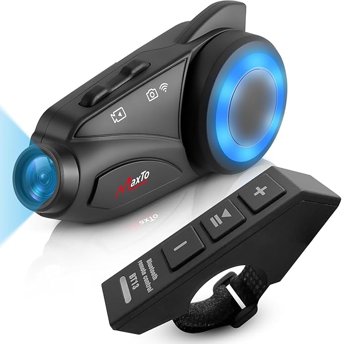 MAXTO Motorcycle Bluetooth Headset with Camera 1080P HD, M3 Upgraded 360°Adjustable Clip, 6 Riders 3280Ft Motorcycle Communication Systems Group Intercoms, WiFi Transit/FM funtion, IP65 (M3+Remote)