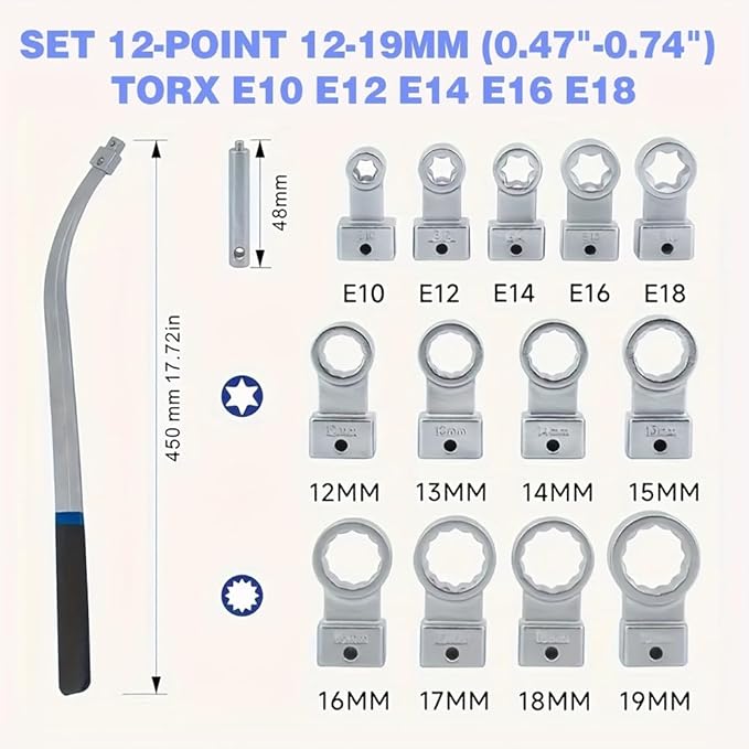 15PCS Universal Serpentine Belt Tensioner Tool Kit - 12-Point 12-19mm (0.47"-0.74") Wrench Set for Timing Belt Pulley Removal, Engine Nut Bolt Screw Remover