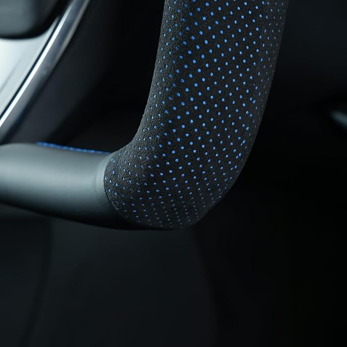MEWANT DIY Black Genuine Leather Mesh Athsuede Blue Layer Steering Wheel Cover for Tesla Models Yoke 2021 Model X 2021