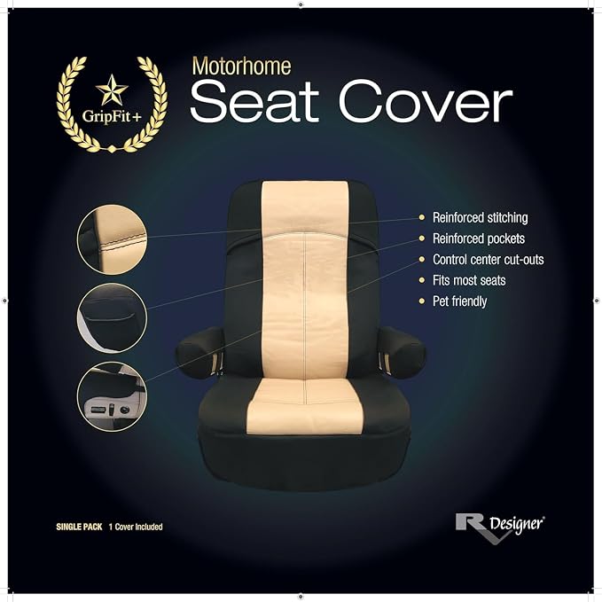 RV Designer GripFit+ Motorhome 2 Seat Covers (2-Pack) - Flexible GripFit+ Design – Class-A RV - Pet-Friendly, Easy-to-Clean, Durable, Fire Retardant - Side Pockets – Black and Tan