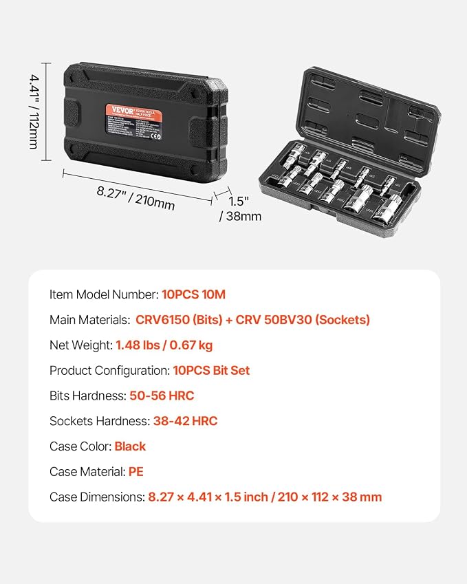 VEVOR XZN Triple Square Spline Bit Socket Set, 10-Piece M4 - M18, Premium Cr-V Steel, 1/4 in, 3/8 in, and 1/2 in Drives, with Enhanced Storage Case, Triple Square Socket Set for Hand Use, Automotive