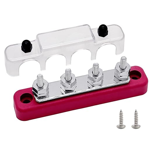 4 x #10 (M5) Studs Bus Bar, Ampper 4.2" Power Distribution Block Brass Battery BusBar Junction with Cover for Auto Boat Amplifier and More (Red)