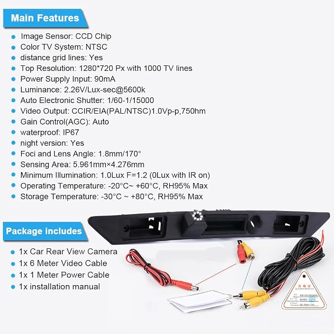 HD Auto 8LED 170° Wide Angle Rear View Reverse Trunk Handle Backup Camera Compatible with Audi A3 8P/8V 8PA S3 V6/A4 B7 S5/sedan/RS4/A5 RS5/A6 C6/A8 S8/Q7/RS3/S4/RS6/Seat Exeo 3R2/V W Plus RS (NO.A)