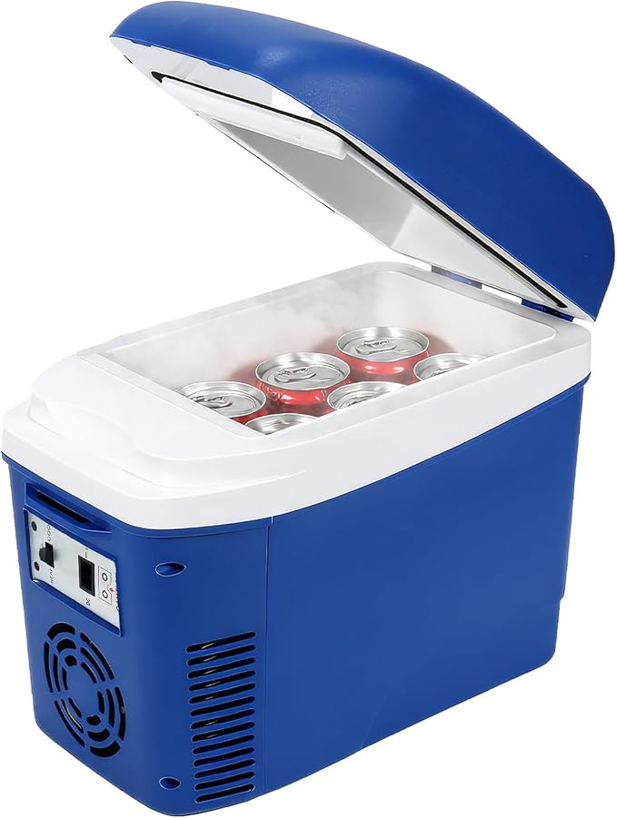 Iceblue Mini Fridge, 7 Liter /9 Cans Skincare Fridge with Belt, AC Plug & 12V Car Charger Dual-use Small Refrigerator, Compact & Portable Refrigerator for Car, Dorm, Travel, Picnic, Gift - Blue