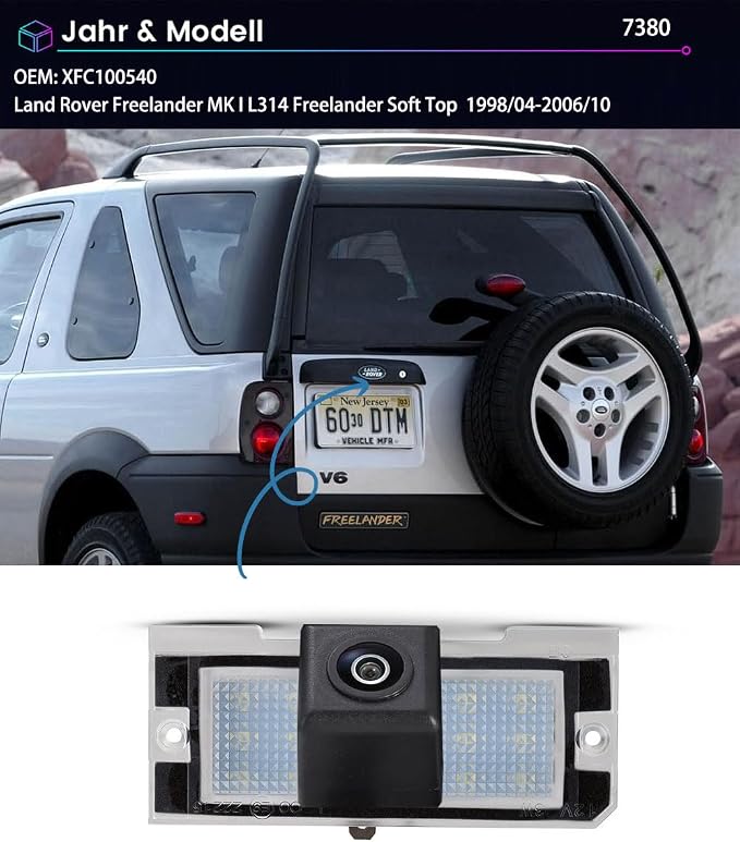 HD Waterproof Night Vision License Plate Light Parking Rear View Backup Camera, Replacement for Land Rover Freelander MK I L314 Freelander Soft Top 1998/04-2006/10 (OEM: XFC100540)