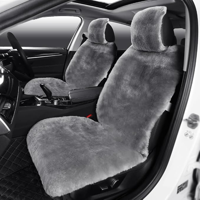 Fluffy Fur Sheepskin Car Seat Cover Automotive Interior Accessories Seat Covers Accessories Seat Cushions， Soft Natural Pure Wool ，Universal Fits Most Cars SUVs (Grey, Universal Fit, Pack of 2)