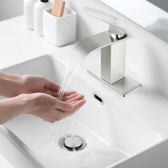 Brushed Nickel Bathroom Faucets, Waterfall Bathroom Sink Faucet Modern Single Handle Bathroom Faucte 1 or 3 Hole, RV Mixer Tap Vanity Faucet - Includes Pop-up Drain Supply Hoses Deck Plate