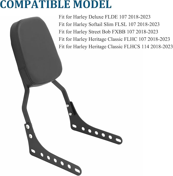 Passenger Sissy Bar Rear Backrest Pad for Harley Street Bob FXBB Softail Slim FLSL Deluxe FLDE Heritage Classic FLHC FLHCS 2018-2023, Black