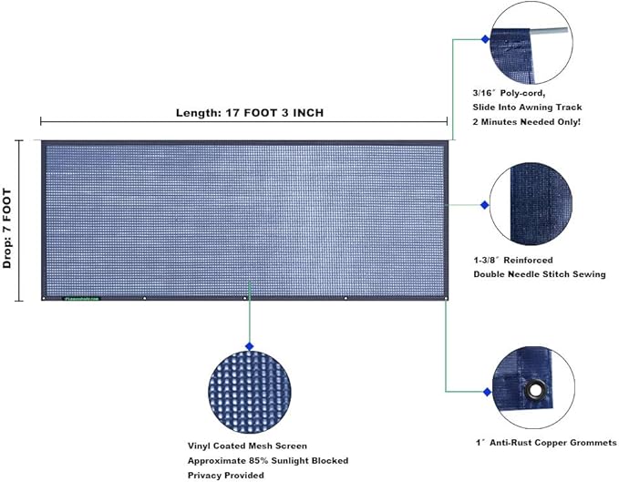 Leaveshade RV Awning Sun Shade Screen Tentproinc 7' X 17' 3''- Navy Blue Mesh Sunshade Block Patio Front Sun Light Motorhome Camping Trailer UV Sunblocker Canopy Sunscreen - 3 Year Warranty