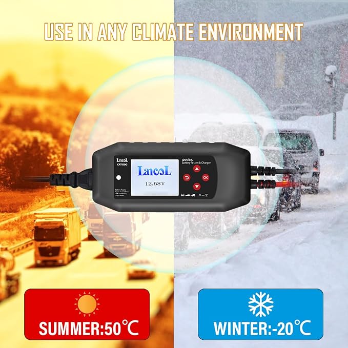 CAT-500 12V Car Battery Tester & Charger, 2-in-1 8-Step Smart Battery Charger with Cranking & Charging System Test, 100-3000 CCA Battery Load Tester