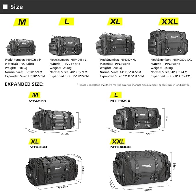 Rhinowalk Motorcycle Saddle Bag Motorbike Tail Bag Waterproof Expandable Pannier Bag Powersports Travel Luggage 80L (Black)