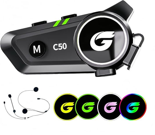 Motorcycle Helmet Bluetooth Headset with Stereo Sound, C50 2-Way 1000M Communication System Intercom Speakers with CVC Noise Cancellation, Music Call Control, IP67 Waterproof for Riding