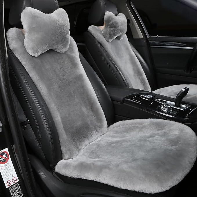 OGLAND 2 Pack FuzzySheepskin Car Driver Seat Covers, Shearling Fluffy Genuine Wool Seat Cushions for Auto Interior Accessories with Soft Fuzzy Natural Fur Non-Slip(Misty Gray)