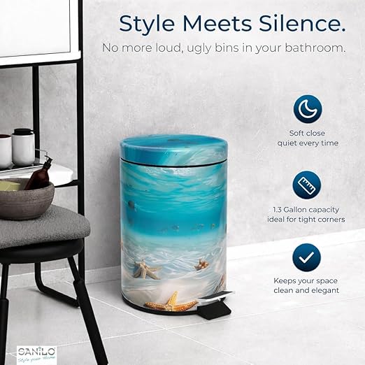Sanilo Small Bathroom Trash Can with Lid [1.3 Gallon] - Lidded Tiny Trashcan for Garbage - Mini Metal Bin with Soft Closing Mechanism - Bath Room Accessoire Wastebin with Inner Bucket (Waterworld)