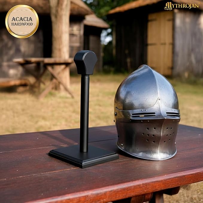 Medieval Wooden Helmet Display Stand (Set of 2) 16 Inch Black Acacia Wood Holders for Medieval, Viking, Spartan & Motorcycle Helmets | Solid Hardwood Rack for Hats, Wigs & Collectibles | Antique Finish