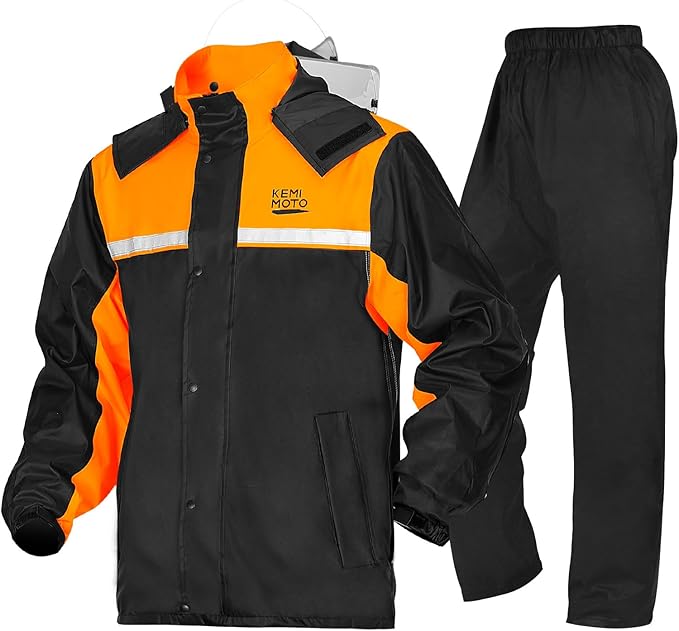 KEMIMOTO Rain Suit for Men, Motorcycle Rain Gear Waterproof Protective Rain Coat with Pants 2 Pieces Rainsuit Breathable Outdoor Fashion Orange 2XL