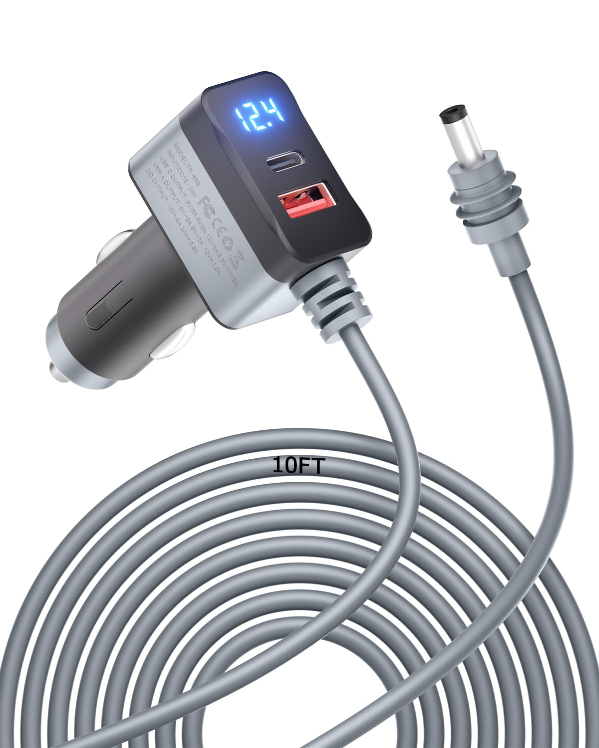 3 in 1 Starlink Mini Cable 12V Adapter 10FT Car Charger for Starlink Mini Power Cable Cigarette Lighter Adapter DC 12V-24V with Digital Display, Durable USB C PD 36W and USB A 18W Port Gray 18AWG 3M