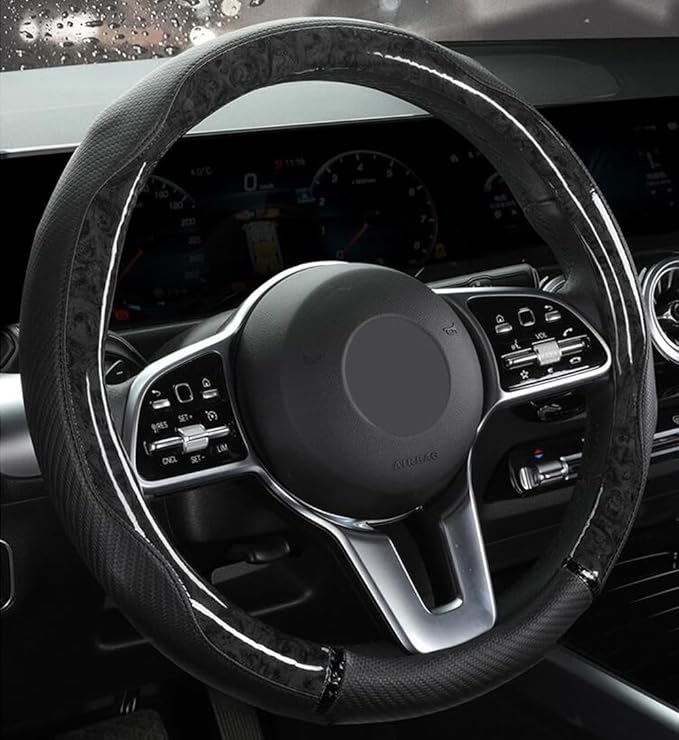 Peach Wood Grain Steering Wheel Cover Anti-Slip Breathable Durable Leather Four Seasons Universal 15 Inch Car Wrap Cover (Black)