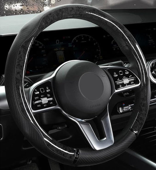 Peach Wood Grain Steering Wheel Cover Anti-Slip Breathable Durable Leather Four Seasons Universal 15 Inch Car Wrap Cover (Black)