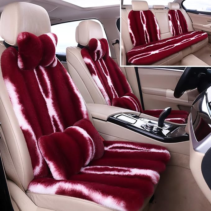 Faux Sheepskin Car Seat Cover Full Set, Fluffy Cute Red Fur Car Seat Covers for Fuzzy Soft Auto Universal Plush Vehicle Seat Protector Pad Accessories Home and Office Chair