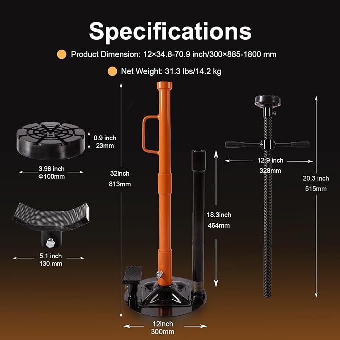 Underhoist Support Stand, 1-Ton Capacity, 3-Section Adjustable Height 34.8'' to 70.9'', Self-Locking Threaded Screw with Thrust Bearing Pole Jack, 2 Replaceable Saddles for Vehicle Component Support