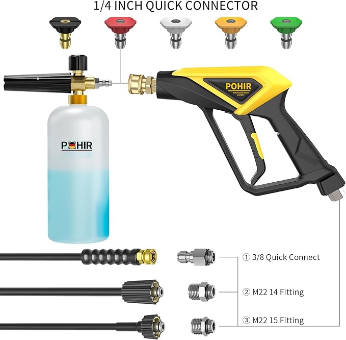 POHIR Short Pressure Washer Gun with Foam Cannon, 1/4 Inch Quick Connector, with 5 Pressure Washer Nozzle Tips 4500 PSI, 1 Liter