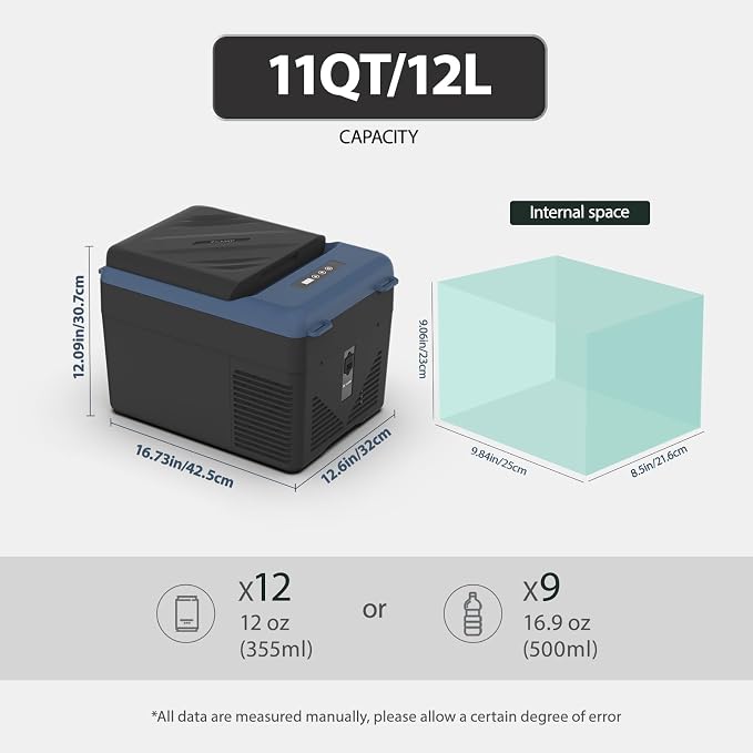 KI12 12 Volt Refrigerator,Portable Freezer,11 Quart(12L) Car Cooler,12V Car Fridge,12/24V DC 100-240V AC for Camping, Travel, Truck, RV, Boat -4℉~68℉