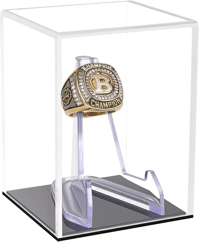 Clear Acrylic Championship Ring Display Case with Black Base, Memorabilia Stand Cube Holder, Dust Protective Transparent Storage Box for Single Rings Souvenir Ring Collections