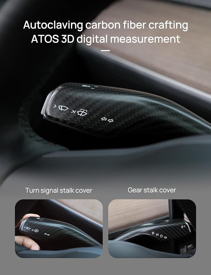 TPARTS Real Carbon Fiber Steering Lever Cover for Tesla Model 3 (2018-2023) Model Y (2020-2024) Gear Shift Cover 2PCS Steering Wheel Gear Lever Accessories (Matte Black)