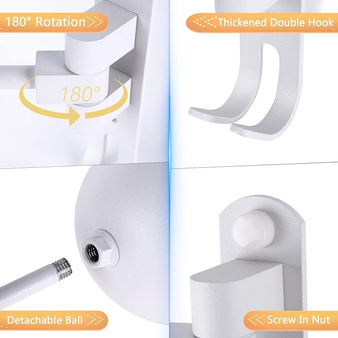 Kikerike Motorcycle Helmet Holder Wall Mount 180 Degree Rotation Metal Bike Helmet Rack Mount Bicycle Helmet Display Stand Hanger with 2 Hooks for Motorcycle Bike Baseball Rugby Helmet - White, 2 Pcs