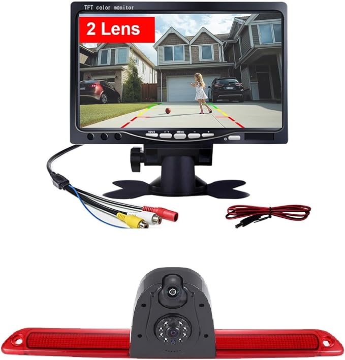 Top Mount Brake Light Reverse Backup Camera Double Rear View Camera Two Lens Camera+7 inch LCD Monitor for Mercedes Benz Sprinter W906/VW Crafter Caravelle 2007-2015