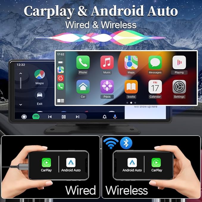 Carplay Screen For Car,10.26“ Portable CarPlay&Android auto With Reversing camera,Voice Control/Bluetooth/Mirrorlink/AUX