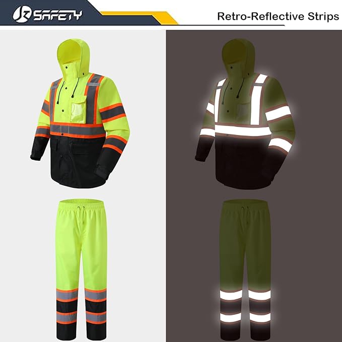 JKSafety Hi-Vis Reflective Safety Rain Jacket and Pants for Men Women Waterproof Rain Gears for Farming Fishing Work HV Rain Suit with Inner Mesh Lining and Pockets (117-Yellow XXL)