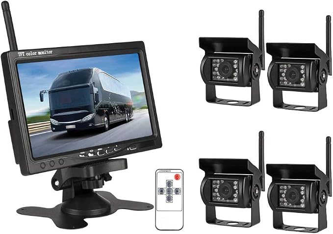 EVERSECU 4pcs Wireless Vehicle Backup Cameras Plus 7" Monitor Parking Assistance System for RV/SUV/Van/Pickup/Truck/Trailer Rear/Side/Front View System Switchable
