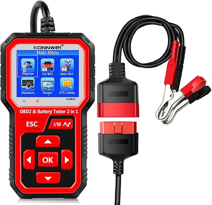 KONNWEI KW681 OBD2 Scanner 6V 12V Car Battery Tester, 2 in 1 Car Diagnostic Scanner Automotive Battery Alternator Load Tester Check Engine Code Reader Scan Tool