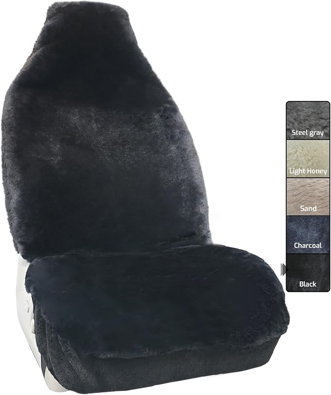 Aegis Cover Sheepskin Car Seat Cover Genuine Australian Merino Wool Front Seat Cover Luxury Dense Pelt Universal Fit for Most SUVs, Trucks, Bucket-Style, 54 X 22 Inches (CS-Black)