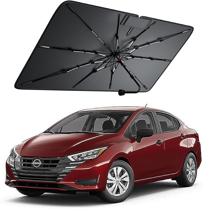 Windshield Sun Shade for Nissan Versa 2007–2026, Foldable Umbrella Sunshade with 100% UV Block, Multi-Layer Heat Insulation, Reinforced 10-Rib Frame, Keeps Car Cooler, Summer Car Accessory