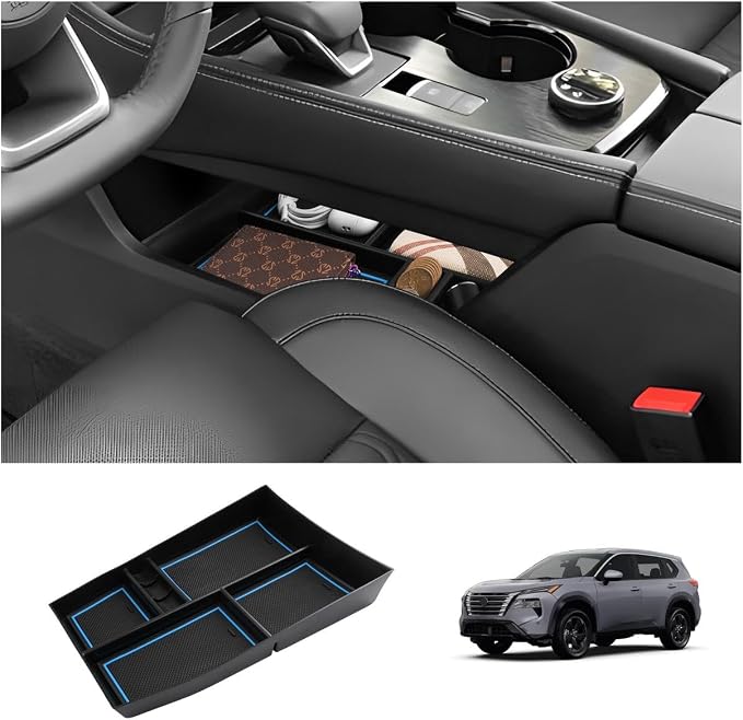 LUWU 2025 2026 Rogue Lower Center Console Tray Storage Box for 2021 2022 2023 2024 2025 2026 N issan Rogue Accessories Armrest Console Organizer ABS Material Blue-trim