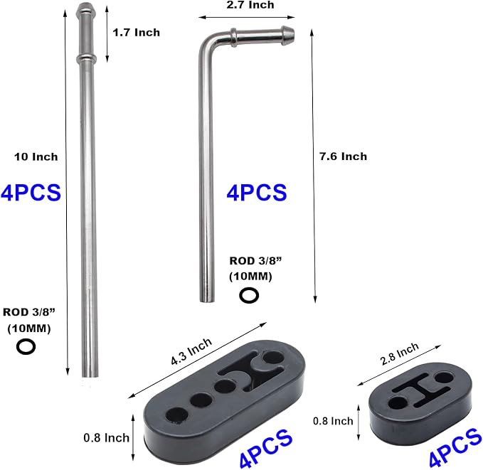 16PCS Exhaust Hanger 304 Stainless Steel 3/8"(10MM) Rod Rubber Hanger Set