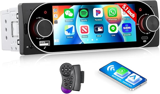 CAMECHO Single Din Radio Car Stereo with Wireless CarPlay & Android Auto 5.1" IPS Touchscreen with Bluetooth 5.2 Car Audio Receiver AM&FM, EQ, SWC, TF, AUX＆USB, Fast Charging, Backup Camera+MIC
