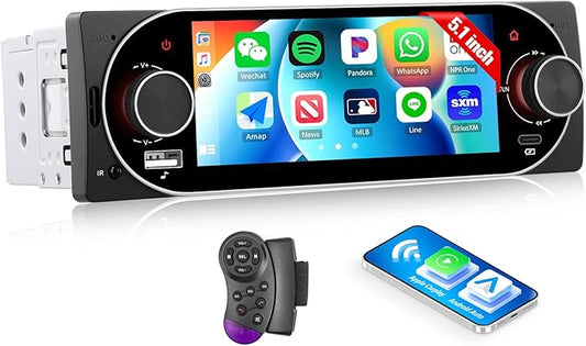CAMECHO Single Din Radio Car Stereo with Wireless CarPlay & Android Auto 5.1" IPS Touchscreen with Bluetooth 5.2 Car Audio Receiver AM&FM, EQ, SWC, TF, AUX＆USB, Fast Charging, Backup Camera+MIC