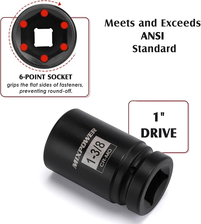 MIXPOWER 9PCS 1"Drive Impact Deep Socket Set, 6 Point, 1" - 2", CR-MO, SAE, Deep, 1" Dr. Deep Spindle Axle Nut Impact Socket Set